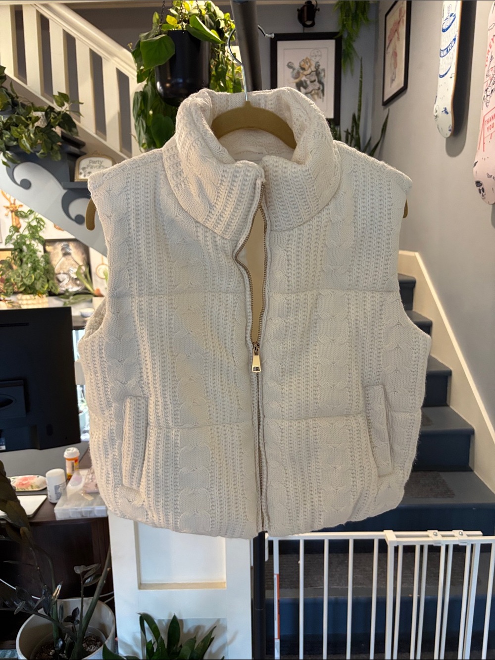 Francesca's Cream Cable-Knit Quilted Puffer Vest